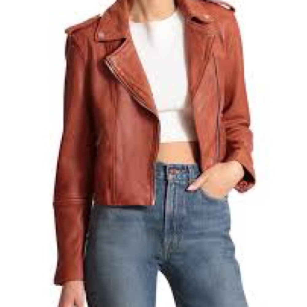 Avec Les Filles Genuine Leather Biker Moto Jacket Chestnut Large